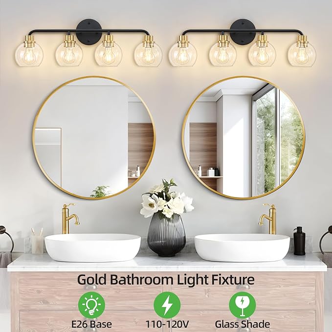 4 Light Bathroom Vanity Light, Black and Gold Bathroom Light Fixtures with Clear Glass Shade Modern Wall Sconces Lighting Bath Wall Lights Lamp for Mirror Kitchen Living Room Bedroom Hallway Cabinet