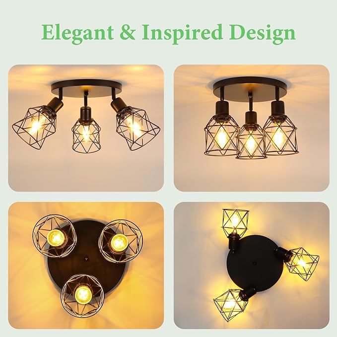 WILON Kitchen Light Fixtures Ceiling Mount, Black Fixtures 3-Light Adjustable Semi Flush Mount Ceiling Light, Multi-Directional Lights for Kitchen Hallway Dining Room(E26 Base)