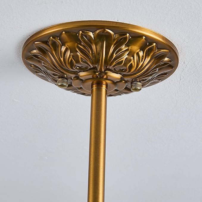 15-Inch Vintage Semi Flush Mount Ceiling Light, Green Glass Chandelier with Antique Brass Finish, Mid Century Modern Schoolhouse Pendant Light Fixtures for Kitchen, Hallway, Dining Room
