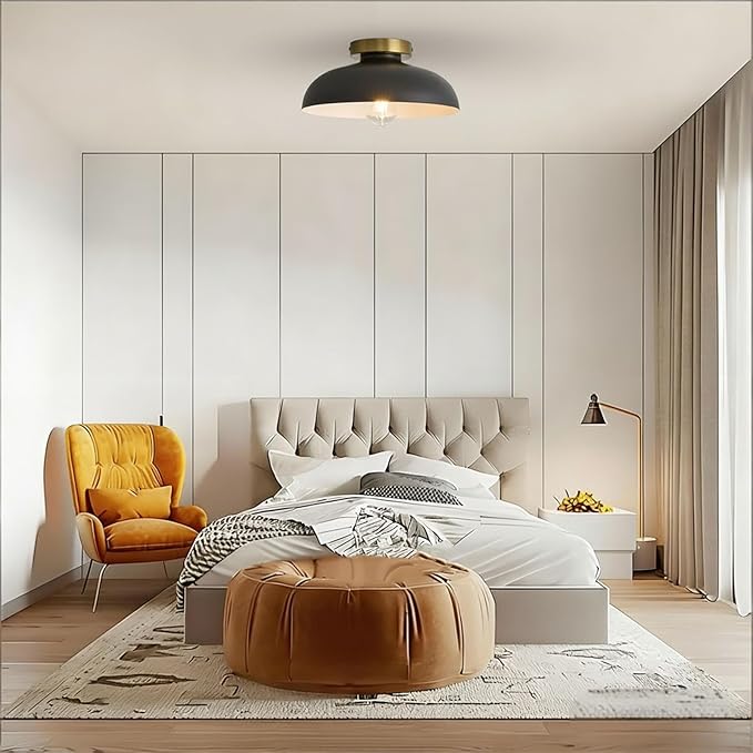 Modern Semi Flush Mount Ceiling Light,Industrial Black and Gold Ceiling Fixtures,E26 Ceramic Lamp Head Light Fixture for Kitchen Entryway Hallway Laundry Room Bedroom Foyer(11.8 Inch)