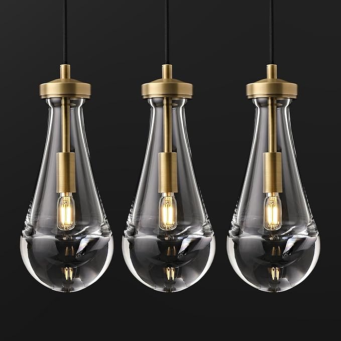 Raindrop Pendant Lights Kitchen Island Set of 3, Brass Teardrop Pendant Lights Dining Room Modern Gold Rain Pendants Glass Waterdrop Pendant Light for Island, Living Room,Included E12 Bulb