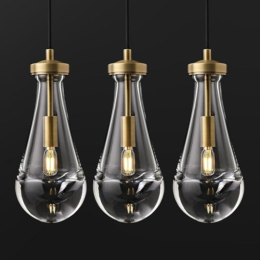 Raindrop Pendant Lights Kitchen Island Set of 3, Brass Teardrop Pendant Lights Dining Room Modern Gold Rain Pendants Glass Waterdrop Pendant Light for Island, Living Room,Included E12 Bulb