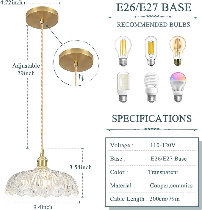 Glass Pendant Light Vintage Light Fixtures,Transparent Modern Chandelier Pendant,E26 Pendant Lights Kitchen Island,9.4inch Hanging Lamp for Bedroom Hotel Dining Room 1 Light