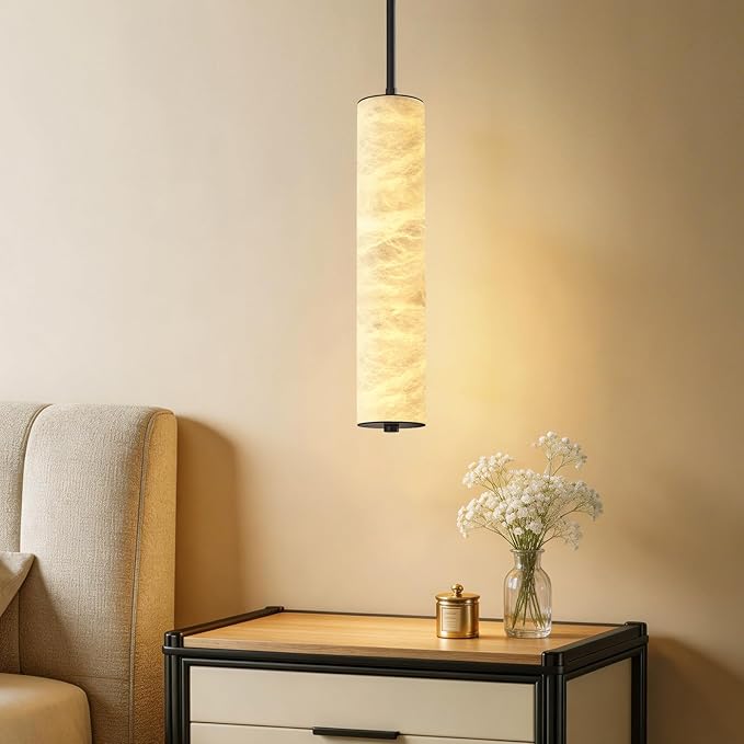 LMQNINE Natural Alabaster Pendant Lights White Marble 15" Long Tube Adjustable Boom Chandelier Modern 3000K Black Ceiling Light for Kitchen Island Bedroom Dining Room Living Room Hallway(S-2Pack)