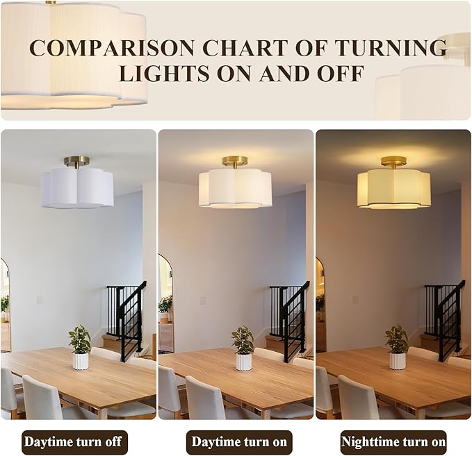 Semi Flush Mount Ceiling Light, 13" Ceiling Light Fixture with Flower-Shaped Fabric Shade, 3-Light Modern Ceiling Lighting Fixture for Bedroom Living Room Nursery Hallway, White Shade