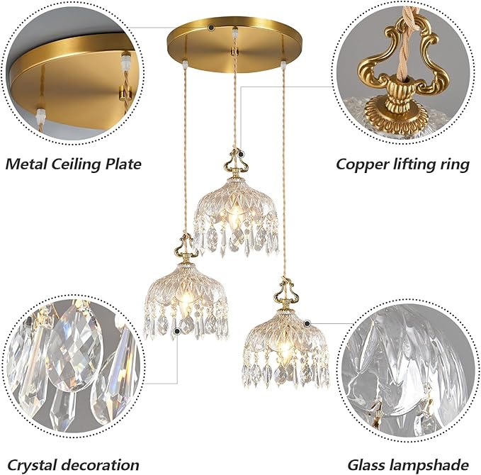 3-Light Pendant Light Fixtures Brass Vintage Glass Pendant Lights Crystal Hanging Light Fixtures,Adjustable Height Pendant Lighting for Dining Room Living Room Bedroom Hallway(Round Chassis)