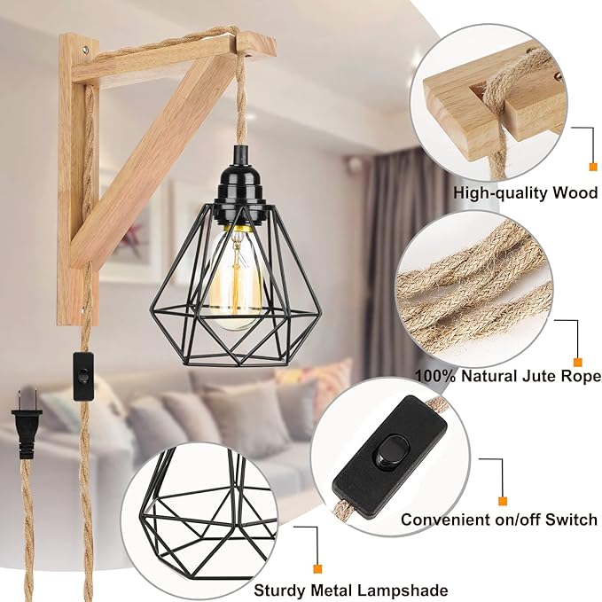 Frideko Wood Plug in Wall Sconces Set of Two, Hanging Lamps that Plug into Wall Outlet, Farmhouse Wall Light Fixtures with 8.21FT On/Off Switch Cord, Indoor Rustic Wall Lamp for Bedroom Living Room