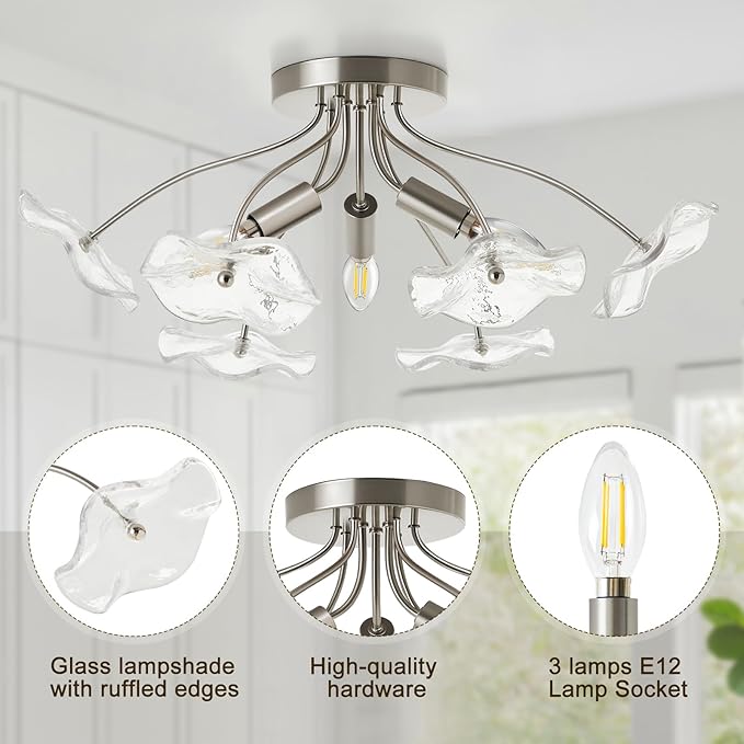 Luvkczc Semi Flush Mount Ceiling Light, Brushed Nickel Ceiling Light Fixture, Modern Floral Glass Lighting for Kitchen Entryway Hallway Bathroom Bedroom Foyer, 3 Light E12 Socket