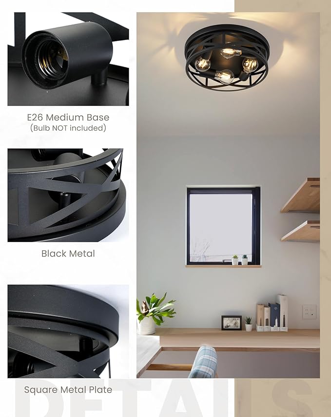 Black Flush Mount Ceiling Light Fixtures,4-Light Black Hallway Light Fixture Ceiling Mount for Farmhouse,Kitchen, Bedroom 1 Pack