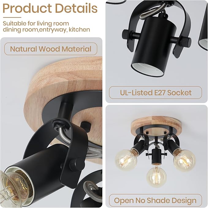 SEEBLEN 3-Light Round Flush Mount Ceiling Light，Rustic Ceiling Track Lighting with Wooden Base, Adjustable Multi-Directional Kitchen Light fixtures for Dining Room Hallway Entryway Bedroom.