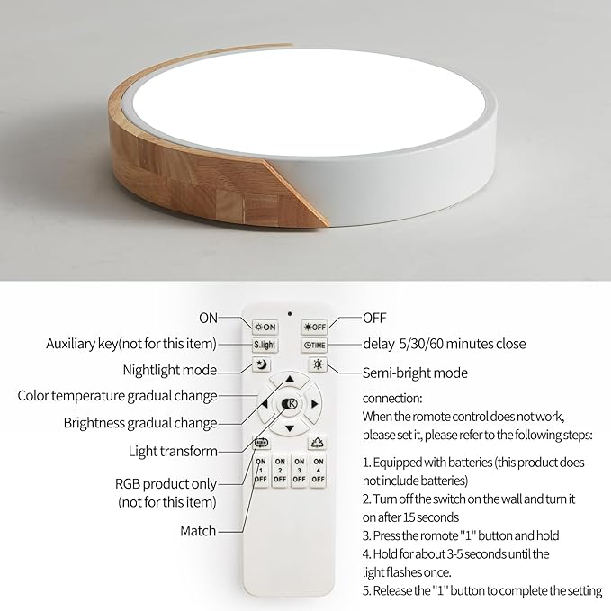 Flush Mount Ceiling Light, Ceiling Light Fixture Minimalist Wood 30W, Dimmable 3000K/4000K/6500K with Remote, 15.7 inch Modern Light Fixture Ceiling for Kitchen Bedroom Hallway Living Room