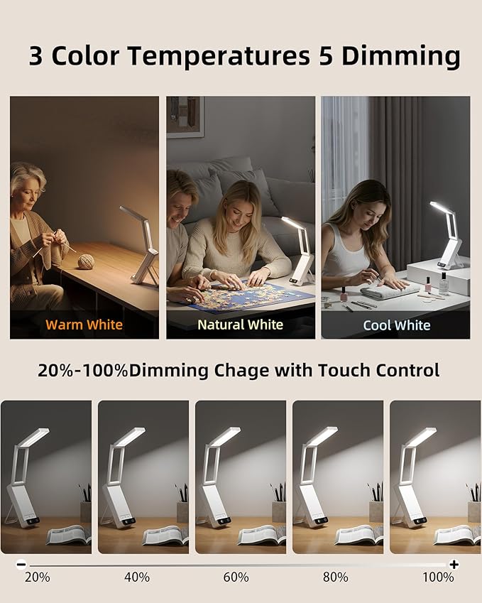 EZVALO Rechargeable Desk Lamp, 6000mAh Battery Wireless Light, Cordless Table Lamp for Book Reading, Foldable Mini Lamps & Portable, 3-Color Dimmable Small Light for Bed, Nail Lamp, Craft, White