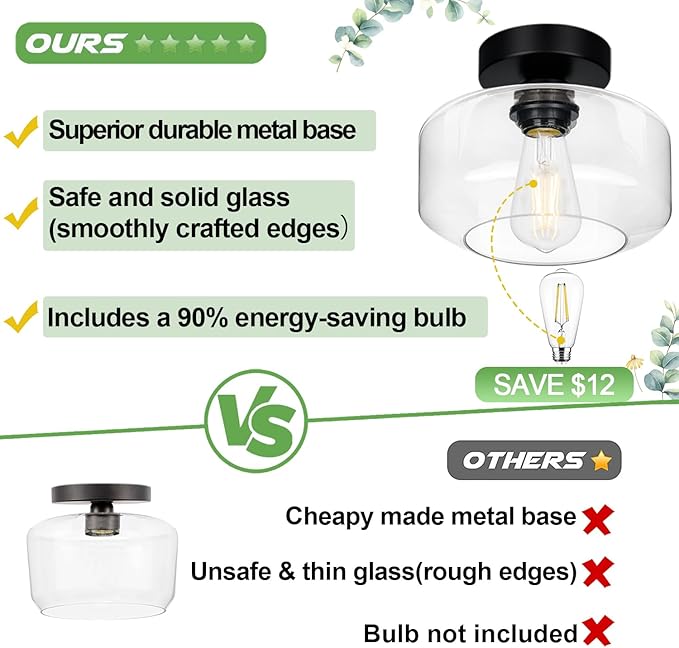 Industrial Semi Flush Mount Ceiling Light, 800 Lumen LED Bulb Included, Clear Glass Shade Ceiling Light Fixture, Farmhouse Light Fixture for Hallway Corridor Kitchen Bathroom Bedroom Passway