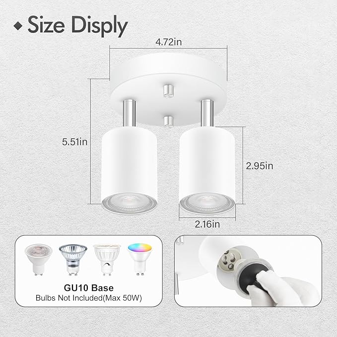 2 Light Track Lighting Fixtures Ceiling, Matte White Round Directional Ceiling Spotlight, GU10 Flush Mount Track Fixture, Flexibly Rotatable Light Head for Kitchen/Living Room, Bulb Not Included
