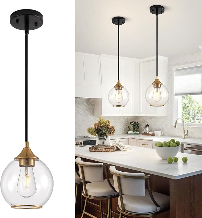 Pendant Lights Kitchen Island,Farmhouse Black and Gold Pendant Light with Clear Glass Globe Shade,6.29" Glass Pendant Light for Finish Farmhouse Entryway Dining Room Kitchen Island 1 Light