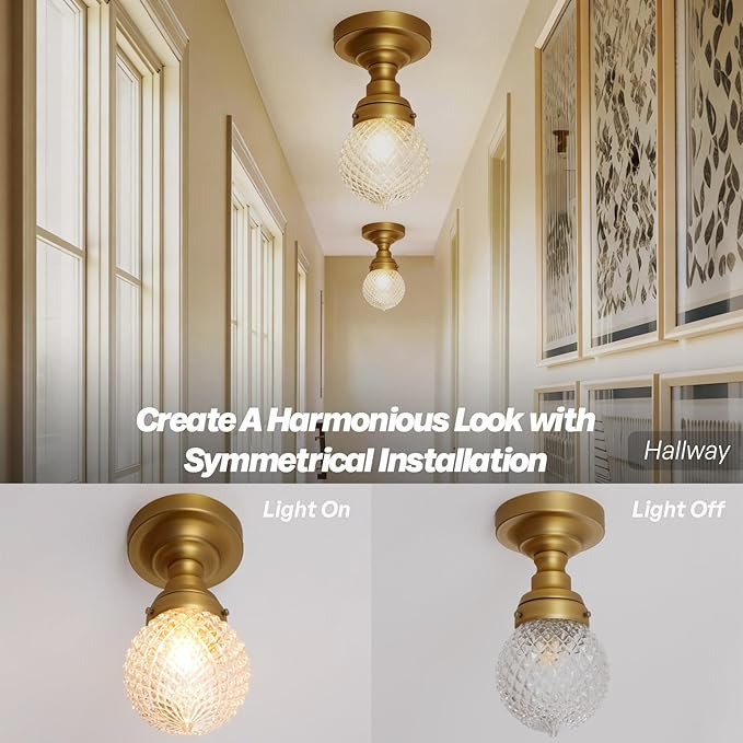 Schoolhouse Semi Flush Mount Ceiling Light, Brass Gold Close to Ceiling Light Fixtures with Hand-Blown Glass Shade Modern Hallway Ceiling Lamp for Laundry Entryway Kitchen Bathroom E26