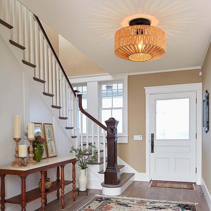 Ceiling Light Fixture,Hand-Woven Rattan Flush Mount Ceiling Light,Farmhouse Light Fixtures Ceiling Mount Boho for Hallway Bedroom Kitchen Entryway Living Room