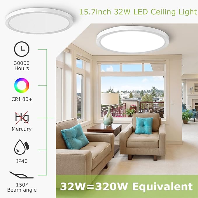 inShareplus 15.7" LED Flush Mount Ceiling Light Fixture, 32W [320W Equiv] Daylight 5000K Thin Flat Modern Ceiling Light for Bedroom, Living Room, Office