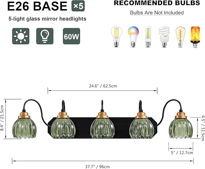 Vintage Bathroom Vanity Light, 5 Light Bathroom Lighting Fixtures Over Mirror, Mid Century Style Farmhouse Light Fixtures with Green Glass Shades, Black Finish Wall Mount for Bedroom , Living Room
