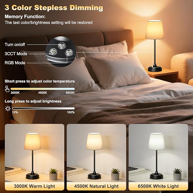Wowag Cordless Table Lamp Rechargeable,5000mAh Battery Operated Desk Lamp,3 Colors & 7 RGB Stepless Dimmable,Touch Control Ambient Light for Bedside,Bedroom,Dining Room,Living Room,Black,WhiteShade