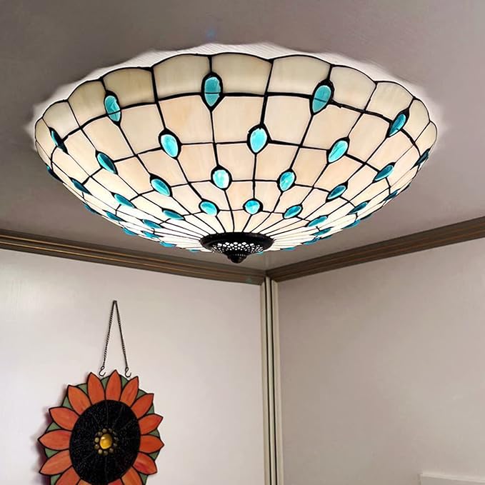 Tiffany Flush Mounts Ceiling Lights,Peacock Blue Crystal Beads Stained Glass Lampshade Ceiling Lamp for Kitchen Dining Room Livingroom Bedroom Ceiling Chandeliers Pendant Light,Blue,16in