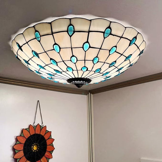 Tiffany Flush Mounts Ceiling Lights,Peacock Blue Crystal Beads Stained Glass Lampshade Ceiling Lamp for Kitchen Dining Room Livingroom Bedroom Ceiling Chandeliers Pendant Light,Blue,16in
