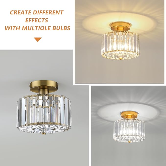 Small Crystal Ceiling Light, Modern Mini Flush Mount Crystal Chandelier, Gold Small Chandelier Light Fixture, Entryway Lighting Fixture for Kitchen Hallway Laundry Room, 1-Light, SF004-1-G
