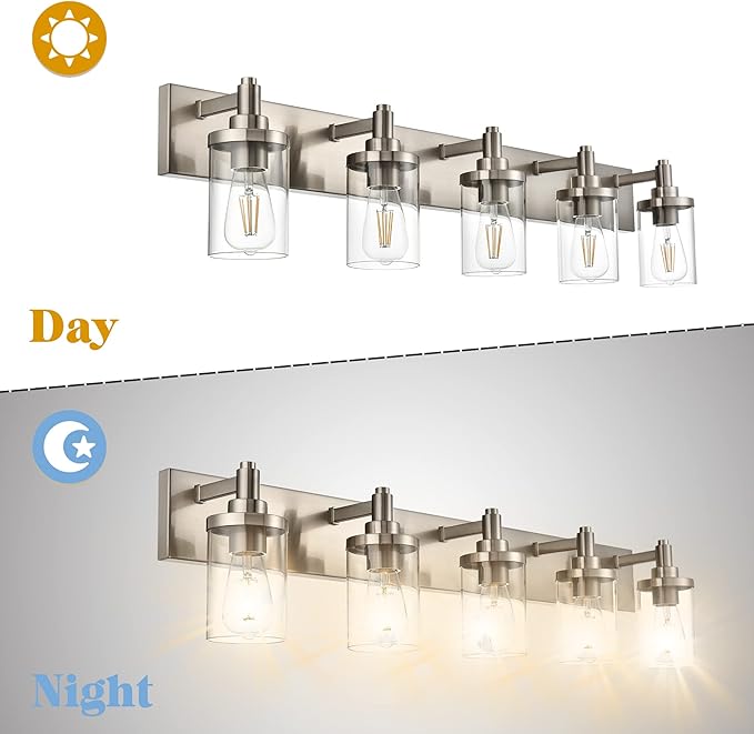 5 Lights Vanity Wall Light Fixtures Over Mirror, Modern Bathroom Light with Clear Glass Shade, Brushed Nickel Farmhouse Wall Sconce Lighting for Bathroom Mirror Kitchen Porch Living Room