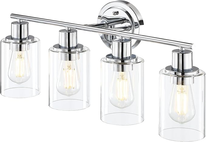 4-Light Chrome Bathroom Light Fixture Over Mirror,4-Light Chrome Vanity Lights for Bathroom 4 Bulb Wall Light Over Sink Cabinet