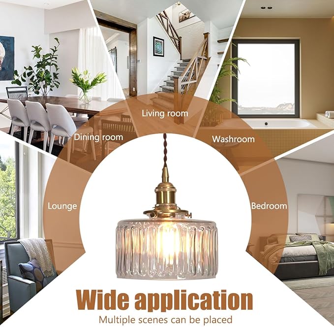 2-Pack Vintage Pendant Light Fixture Gold Pendant Lights Fixtures Clear Kitchen Island Ceiling Hanging Light Round Striped Glass Shade Farmhouse Antique Brass Hanging Pendant Lights