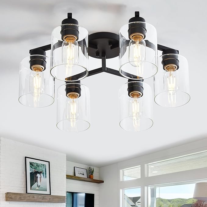 6 Light Semi Flush Mount Ceiling Light Black Kitchen Lighting Fixtures Ceiling Industrial Large Cieling Light Fixtures, with Clear Glass Shade for Dining Room Living Room Kitchen Island Farmhouse