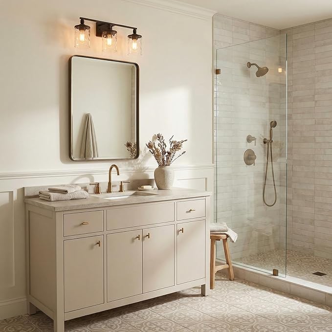 HomePlace Lighting 128831BZ-451 Colton Mid-Century Clear Water Glass Bathroom Vanity Wall Light, 3-Light 300 Total Watts, 10" H x 24" W, Bronze