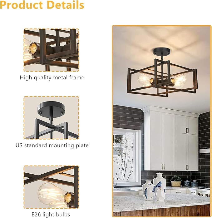 FadimiKoo Industrial 4-Light Semi Flush Mount Ceiling Light Fixture, Farmhouse Metal Black Close to Ceiling Lamp for Kitchen Island Bedroom Hallway, Modern Rectangle Frame
