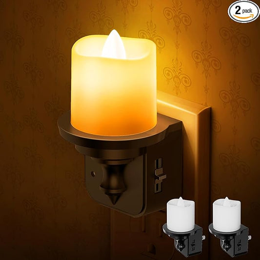 Briignite Flameless Candle Night Lights, Amber Plug-in 2 Pack, LED Candle with Light Sensor, 0-100LM Dimmable, Kids Hallway Bathroom Nightlight