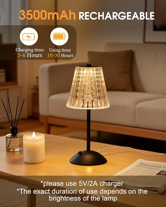 Nusogon Rechargeable Cordless Table Lamp, Touch Control Crystal Desk Lamp with 3500mAh Battery, 3 Color Dimmable LED Small Lamp for Bedroom Bedside Restaurant Kitchen Home Decor, Black