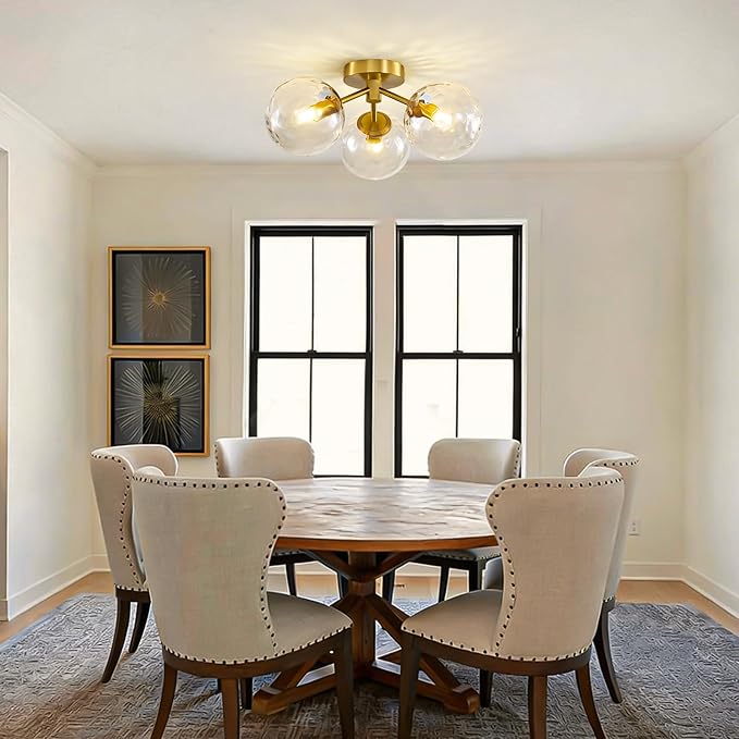 Gold Globe Semi Flush Mount Ceiling Light Mid Century Modern Globe Hammered Clear Glass Ceiling Light Fixture Linear Sputnik Brushed Brass Chandelier for Bedroom Living Room Entryway Dining Room