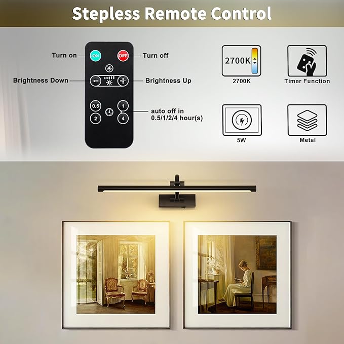 DESOOP Dimmable Black Picture Lights with Remote and Timer Wireless Art Lights Rechargeable Gallery Lighting for Canvas Portrait 24'' Inch 5W Warm White
