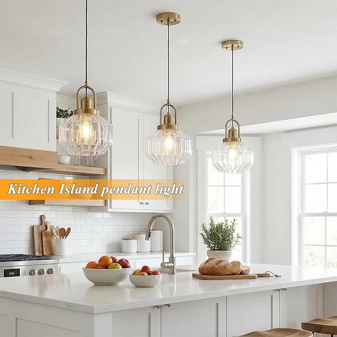 9in Mid Century Modern Clear Glass Pendant Light Fixture, Small Gold Kitchen Island Pendants Light Glass Ceiling Hanging Lamp for Foyer Dining Room Bedroom Entryway Hallway Over Sink