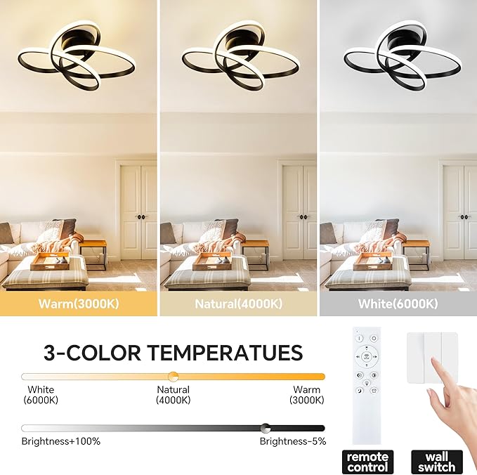 Modern LED Chandelier, 50W LED Ceiling Light with Remote Control, 3000-6000K Color Temperature Changing, Black Chandelier for Bedroom, Entryway, Hallway, Kitchen