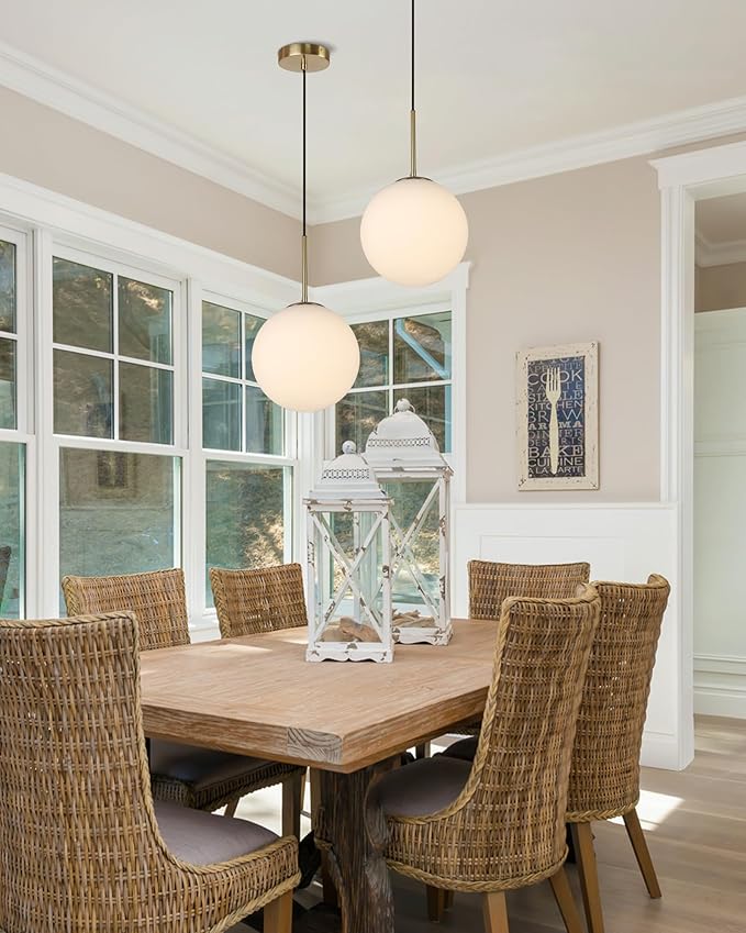 10" Milk Glass Pendant Light Mid Century Modern Globe Hanging Light Fixtures for Dining Room Kitchen Island Bedroom, Gold