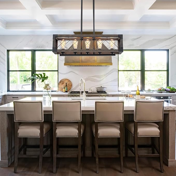 Lingkai Kitchen Island Lighting, 32 Inch 5 Light Farmhouse Linear Chandelier Dining Room Pool Table Pendant Light Fixtures, Rustic Wood Grain Finish