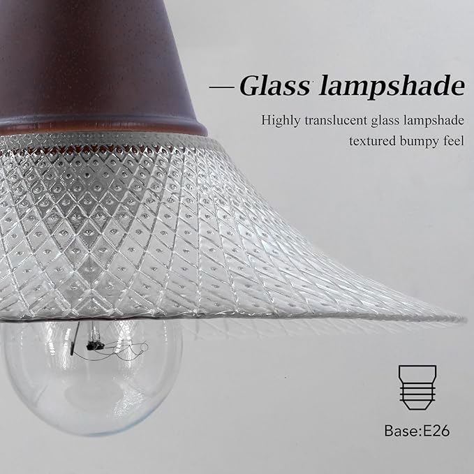 Vintage Farmhouse Glass Pendant Light Fixture 9 Inch Industrial Clear Ceiling Hanging Light with Walnut Wood lamp Holder for Kitchen Island Hallway Bar Dining Room Bedroom Foyer（1 Pack）