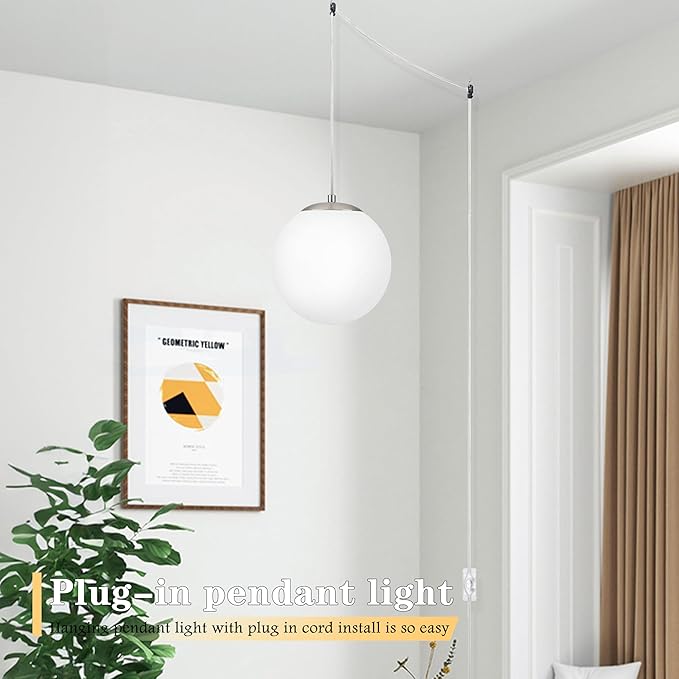 KoKo&Yukina 10" Globe Pendant Light Nickel Plug in Pendant Light Adjustable Hanging Lights with Plug in Cord Nickel Finished with Milk Glass Lampshade for Bedroom Kitchen Island (Bulb Included)
