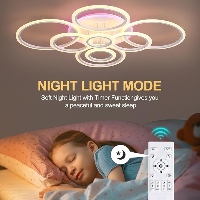 Modern LED Ceiling Light,41.3'' Dimmable Flush Mount Ceiling Lights with Remote,Acrylic Round Ceiling Lighting Fixture for Living Room Dining Room Bedroom Kitchen(White,8 Rings,80W)