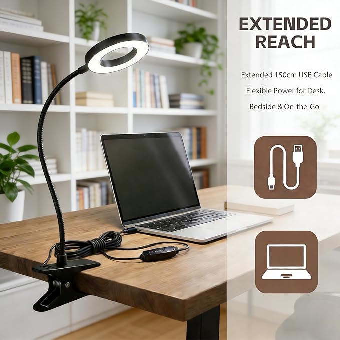 LED Clip On Book Light Desk Lamp with 3 Color Modes,10 Brightness Levels Flexible Arm Night Light,USB Powered Eye-Care Bedside Reading Light for Kids Books in Bed, Table Lamp for Home Office Dorm