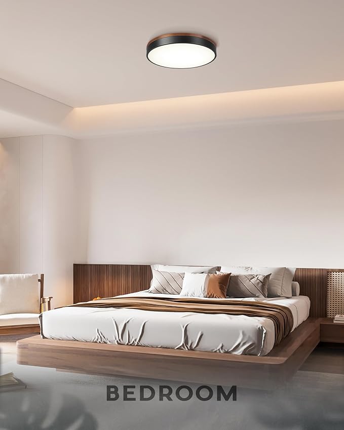 Ken & Ricky 16 Inch Wood Flush Mount Ceiling Light,Modern Led Ceiling Light Fixtures Ceiling Mount, 24W 3000K-6500K Color Dimmable for Bedroom Kitchen Bathroom Hallway 1PK
