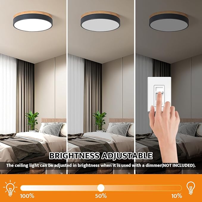 Yiisem Dimmable Wood LED Flush Mount Ceiling Light, 5CCT 2700K-6000K Modern Round Close to Ceiling Lighting Fixtures, Minimalist Grey Ceiling Lamp for Bedroom, Kitchen, Laundry Room, Hallway, 11.7 in