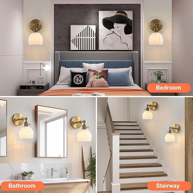 1-Light Gold Brass Bathroom Light Fixture,Wall Sconces Set of 2,Brushed Gold Vanlity Light Over Mirror,Bathroom Vanity Light with White Glass Flower Shade,E26 Socket(Bulbs Not Included)