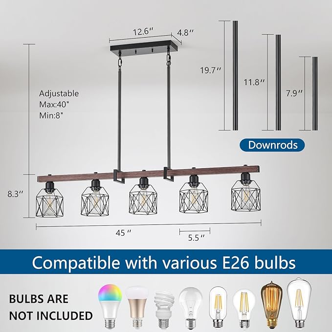 5-Light Modern Farmhouse Island Lighting, Adjustable Height Rustic Chandelier with Walnut Metal Frame & Matte Black Geometric Shade, E26 Base Hanging Light for Dining Room Over Table