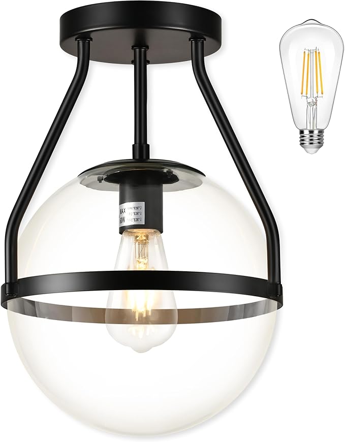 Bagood 10" Mid Century Ceiling Light Modern Black Semi Flush Mount Ceiling Light with Clear Glass Shade Globe Semi Flush Mount Ceiling Light Fixture for Bedroom Hallway Bathroom Foyer (Bulb Incl.)